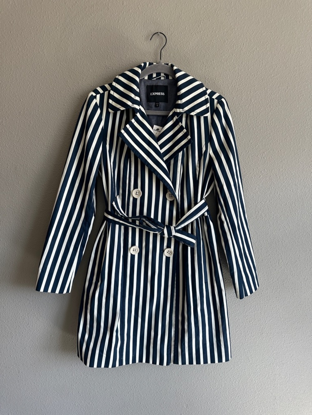 NWT Express Navy and White Striped Trench Coat Medium